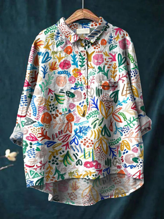 Women's Watercolor Leaves Flower Art Print Casual Cotton And Linen Shirt