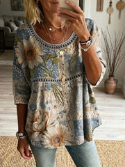 Ethnicity Bohemia Patchwork Flowers Women's Art Print Casual Round Neck Cutout Top