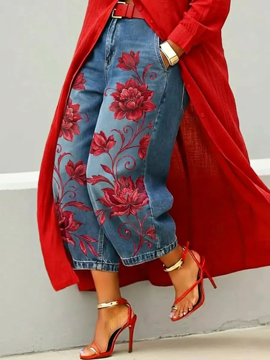 🔥 Jeans Sale: Buy 3 Get 1 FREE – Code: 4FREE | Women's Retro Floral Pattern Art Print Casual Jeans