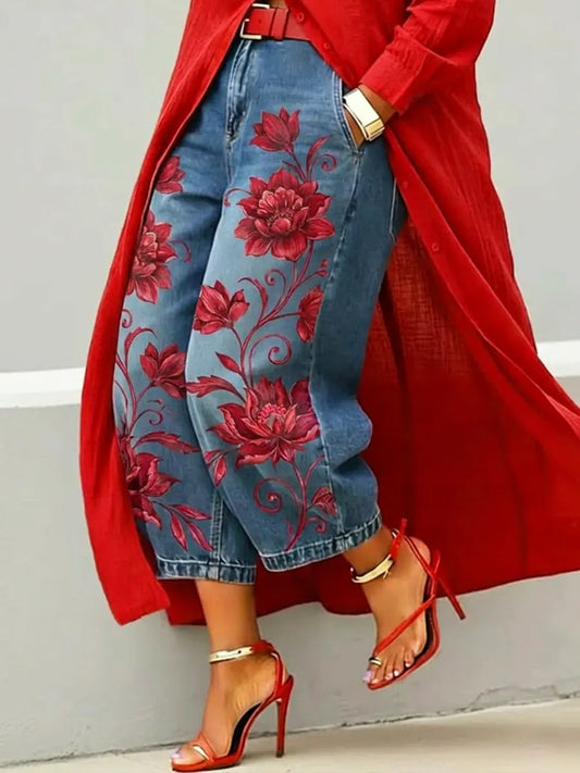 🔥 Jeans Sale: Buy 3 Get 1 FREE – Code: 4FREE | Women's Retro Floral Pattern Art Print Casual Jeans