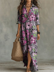 Women's Flower Print Casual Solid-color Linen-cotton Dress