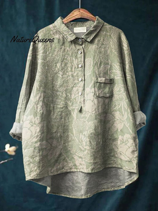Women's Vintage Floral Art Print Casual Cotton And Linen Shirt