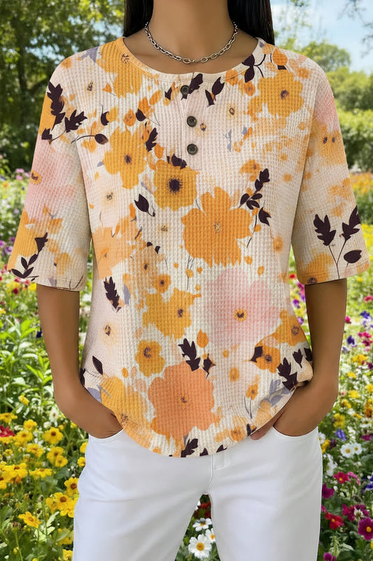 Womens Beige Ink Splash Floral Print Casual Waffle Cotton Shirt