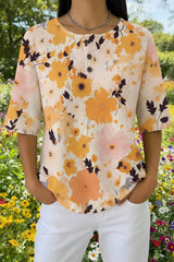 Womens Beige Ink Splash Floral Print Casual Waffle Cotton Shirt