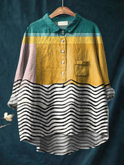 Women's Abstract Color Matching Shapes Art Print Casual Cotton And Linen Shirt