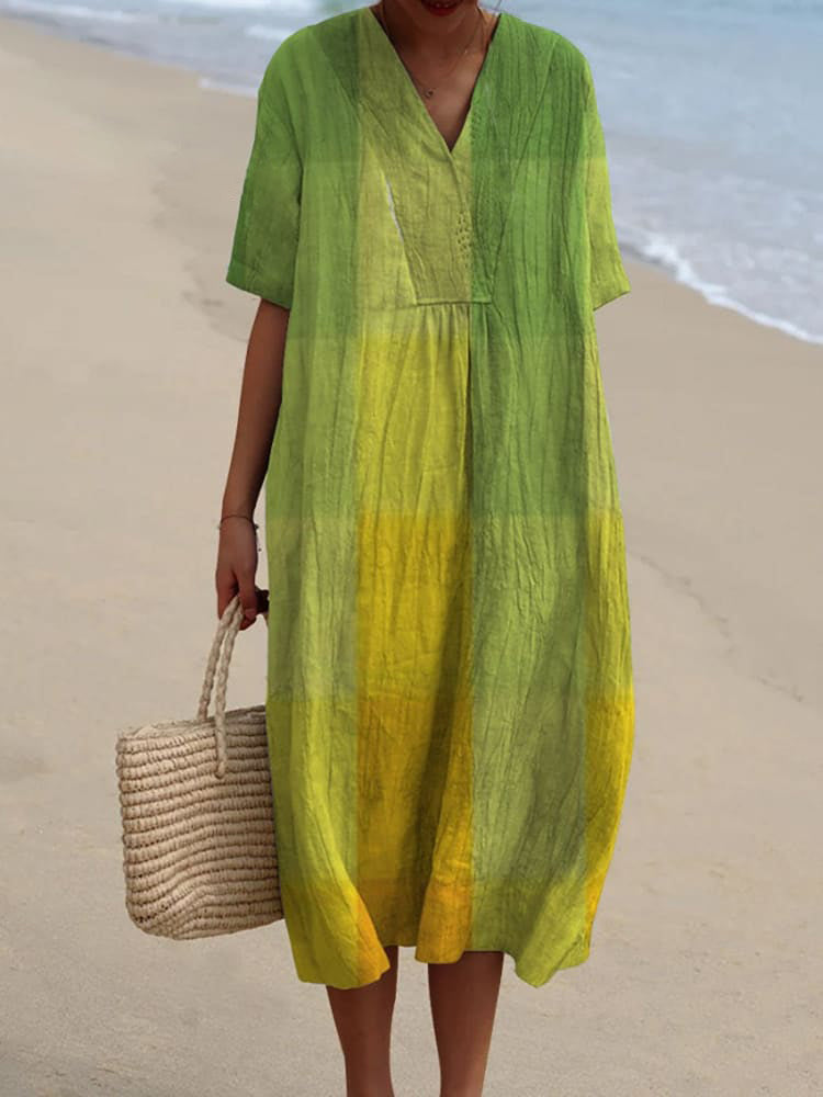Women's V Neck Vintage Yellow-green Art Mosaic Gradient Art Linen Loose Dress