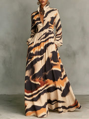Tiger-print Stand-collar Single-breasted Long Shirt Dress
