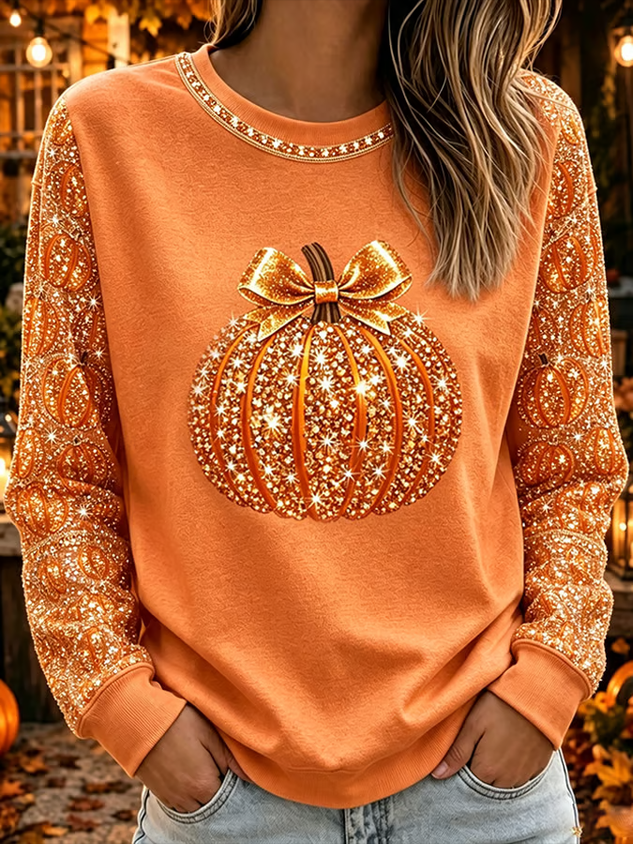 Casual Halloween (pumpkin) Crew Neck Long Sleeve Sweatshirt