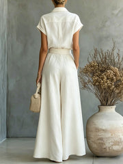 Women's Casual Solid-color Short-sleeved Shirt & Wide-leg Pants Two-piece Set