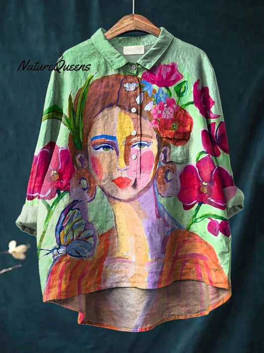 Oil Painting Women's Portrait Art Printed Women's Casual Cotton And Linen Shirt