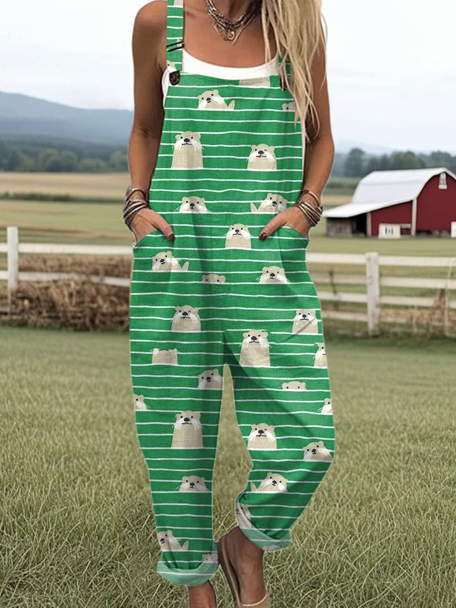 Women's Funny Animal Art Print Casual Cotton Wide Leg Jumpsuit
