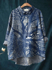 Vintage Lovely Floral Art Print Casual Cotton And Linen Shirt