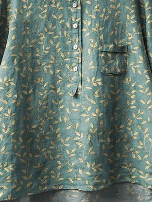 Women's Vintage Floral Art Print Casual Cotton And Linen Shirt