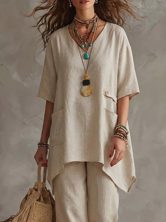 Casual Linen And Cotton Two-piece Top And Pants Set