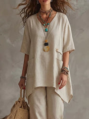 Casual Linen And Cotton Two-piece Top And Pants Set
