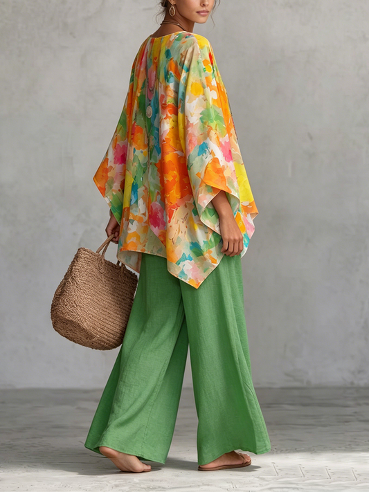 Retro Floral Print Cotton-linen Two-piece Set