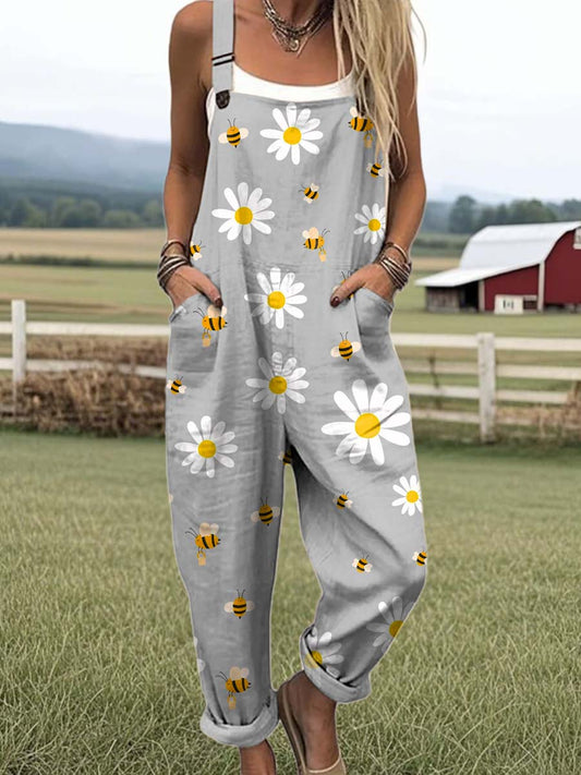 Women's Lovely Bees Floral Art Print Casual Cotton Linen Wide Leg Jumpsuit