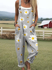 Women's Lovely Bees Floral Art Print Casual Cotton Linen Wide Leg Jumpsuit