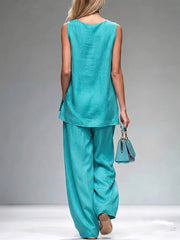 Women's Solid-color Cowl-neck Sleeveless Loose-fit Top & High-waisted Wide-leg Pants Set