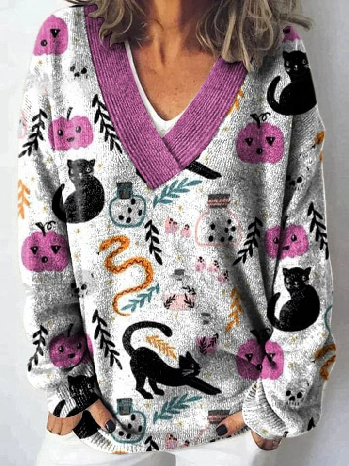 Halloween Black Cat Art Print Knit V-neck Pullover Sweater