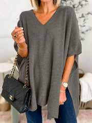 Women's Bat Sleeve Solid Color V-Neck Pullover Poncho Sweater