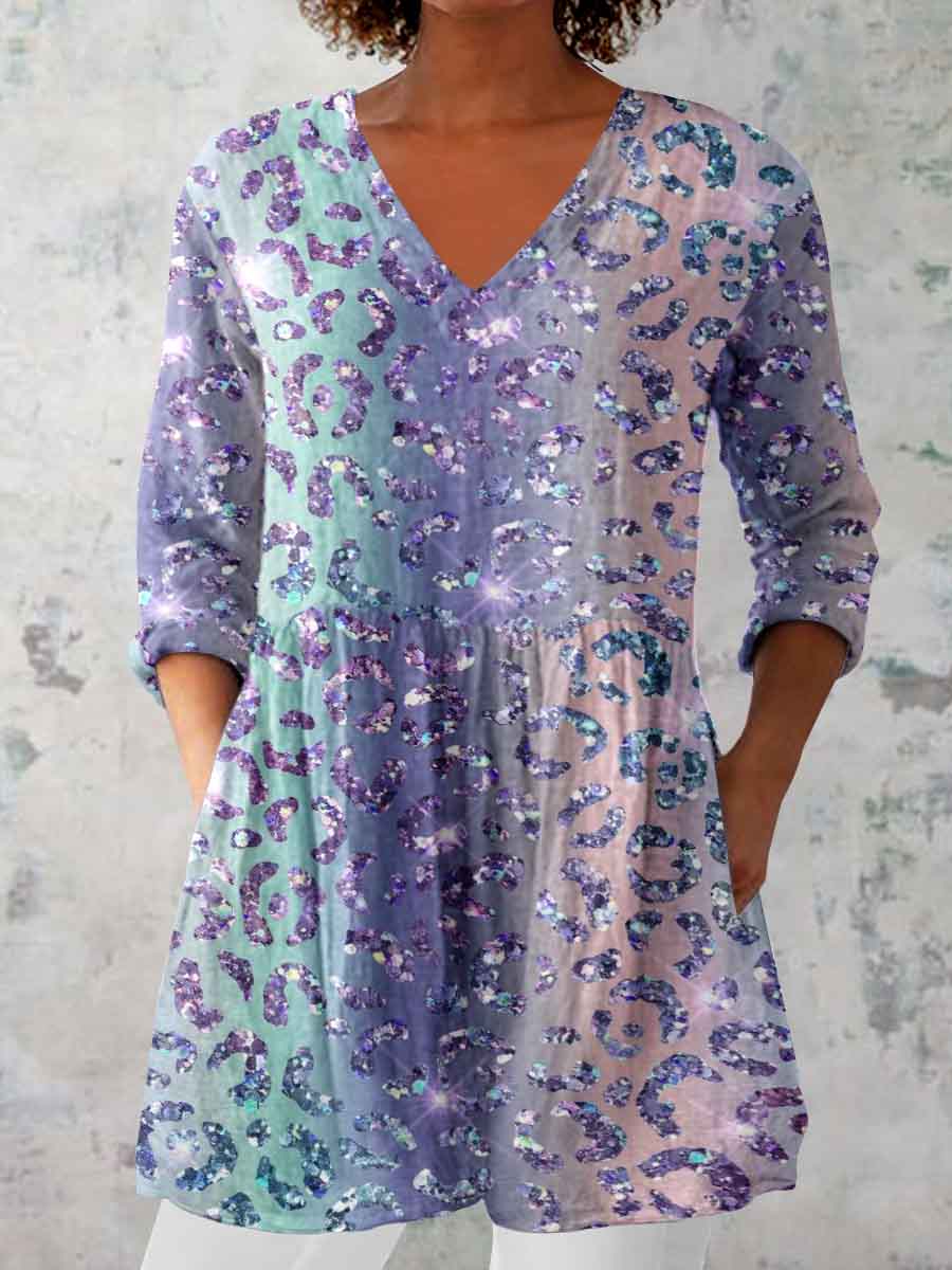Women's Gradient Leopard Print V neck Top