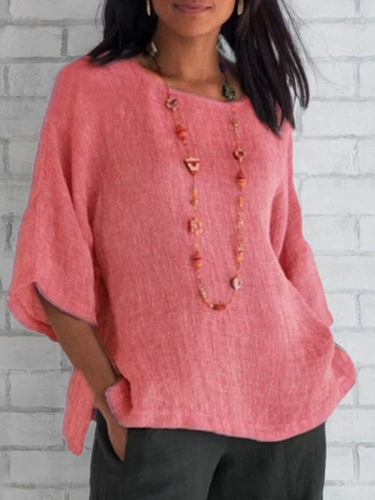 Crewneck Cotton and Linen Shirt Top