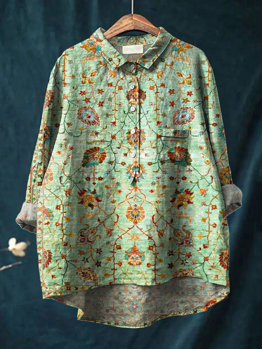 Vintage Lovely Floral Art Print Casual Cotton And Linen Shirt