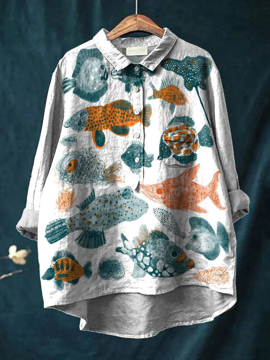 Watercolor Sea Life Decorative Pattern Casual Cotton And Linen Shirt