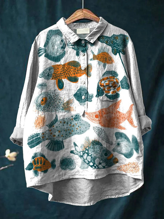 Watercolor Sea Life Decorative Pattern Casual Cotton And Linen Shirt