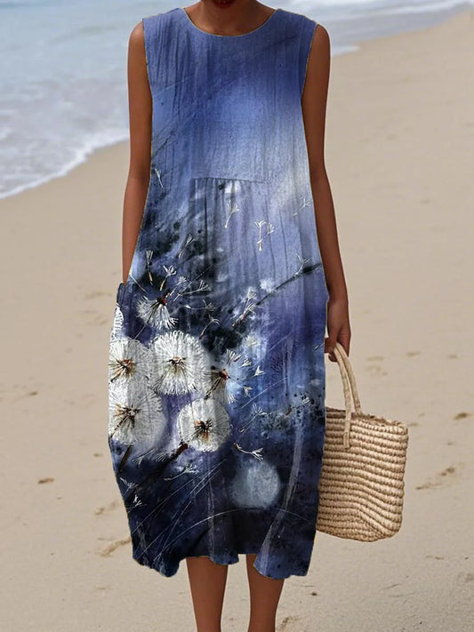 Women's Vintage Floral Art Print Sleeveless Cotton Pocket Wrap Dress
