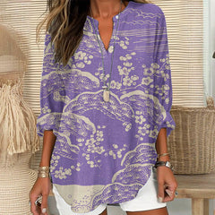 Dashingsoul Women's Japanese Art Plum Blossom Printed V Neck Long Sleeve Blouse