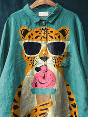 Leopard And Ice Cream Graphic Printed Women's Casual Cotton And Linen Shirt