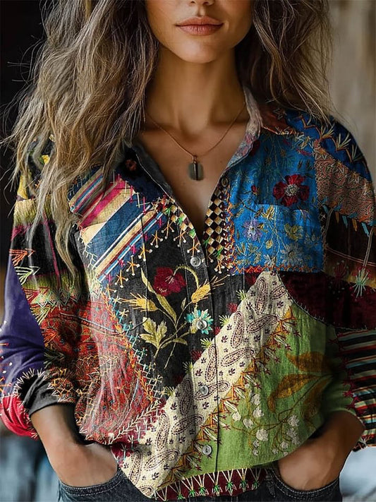 Women's Vintage Floral Patchwork Art Print Casual Long Sleeve Comfortable Cotton Shirt