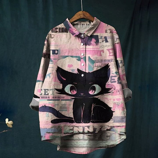 Women's Cat Print Casual Linen Shirt