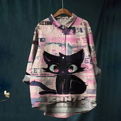 Women's Cat Print Casual Linen Shirt