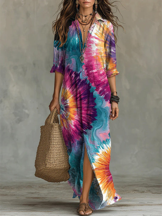 Women's Colorful Tie-dye Style Floral Decorative Pattern Long Sleeve 100%cotton Dress