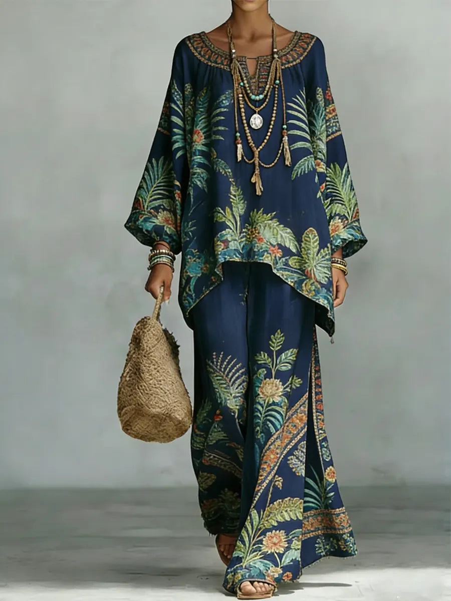 Women's Vintage Floral Art Comfortable Loose Cotton Linen Wide-leg Pants Two-piece Set