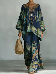Women's Vintage Floral Art Comfortable Loose Cotton Linen Wide-leg Pants Two-piece Set