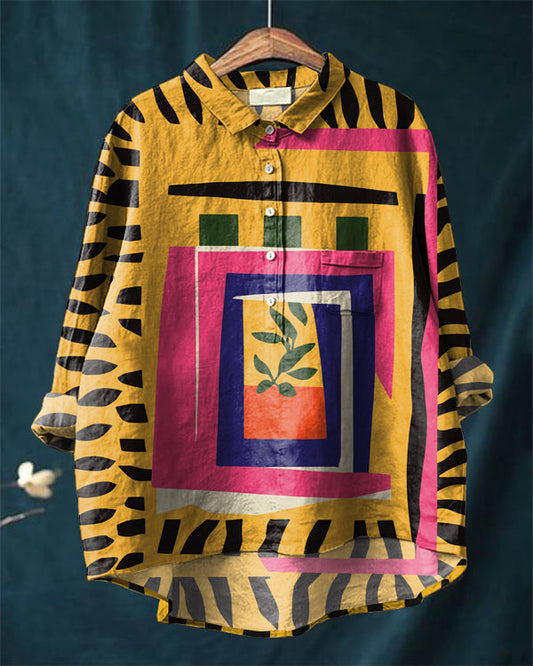Vintage Abstract Art Print Cotton and Linen Shirt
