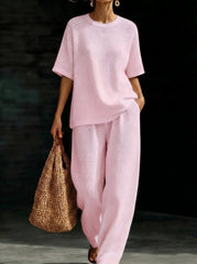 Womens Breathable Waffle Texture Short Sleeve Top And Wide Leg Pants Two Piece Set