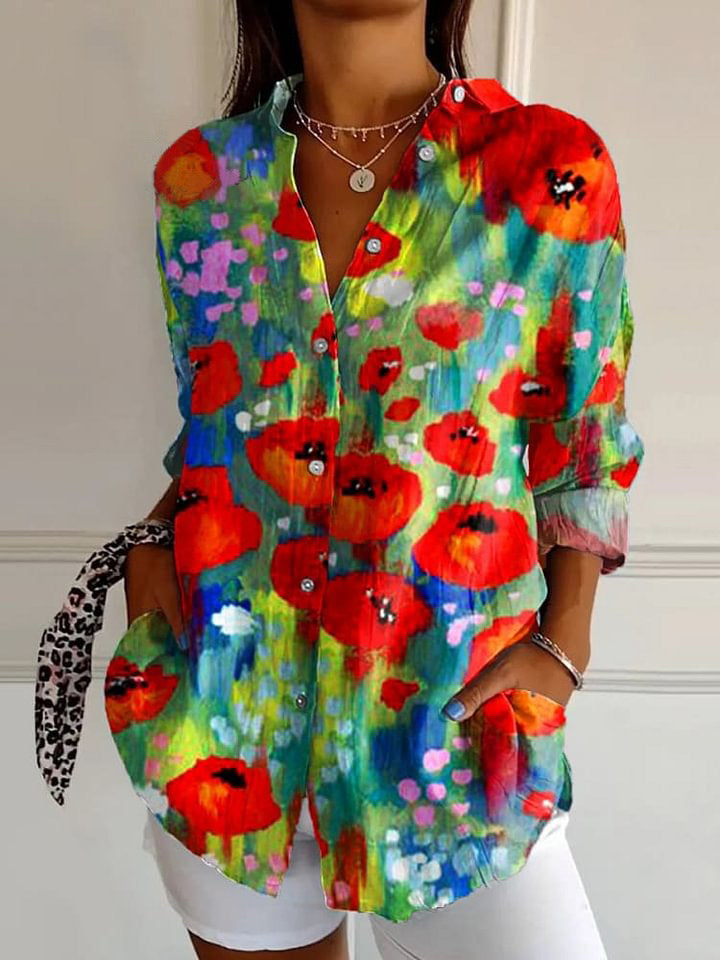 Women's  Bright Flower  Art Print  Casual Cotton Shirt