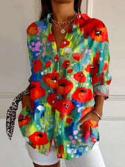 Women's  Bright Flower  Art Print  Casual Cotton Shirt