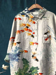 Women's Fish Art Print Casual Cotton And Linen Shirt