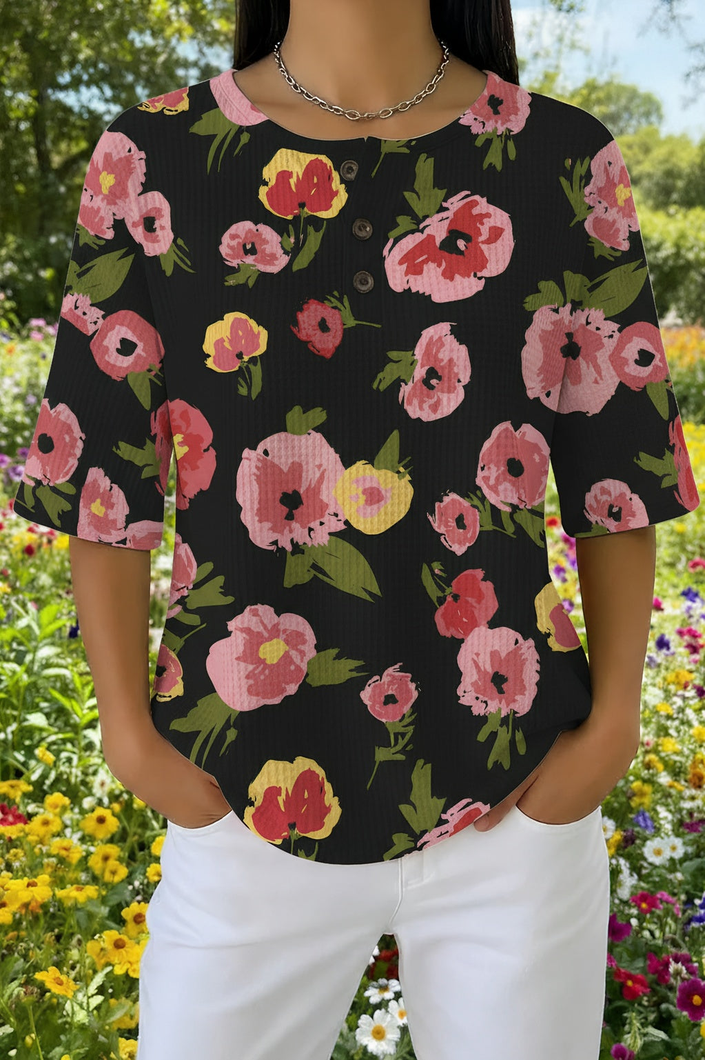 Womens Black Pink Rose Floral Print Casual Waffle Cotton Shirt