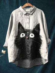 Women's Black Cat Animal Art Print Casual Cotton And Linen Shirt