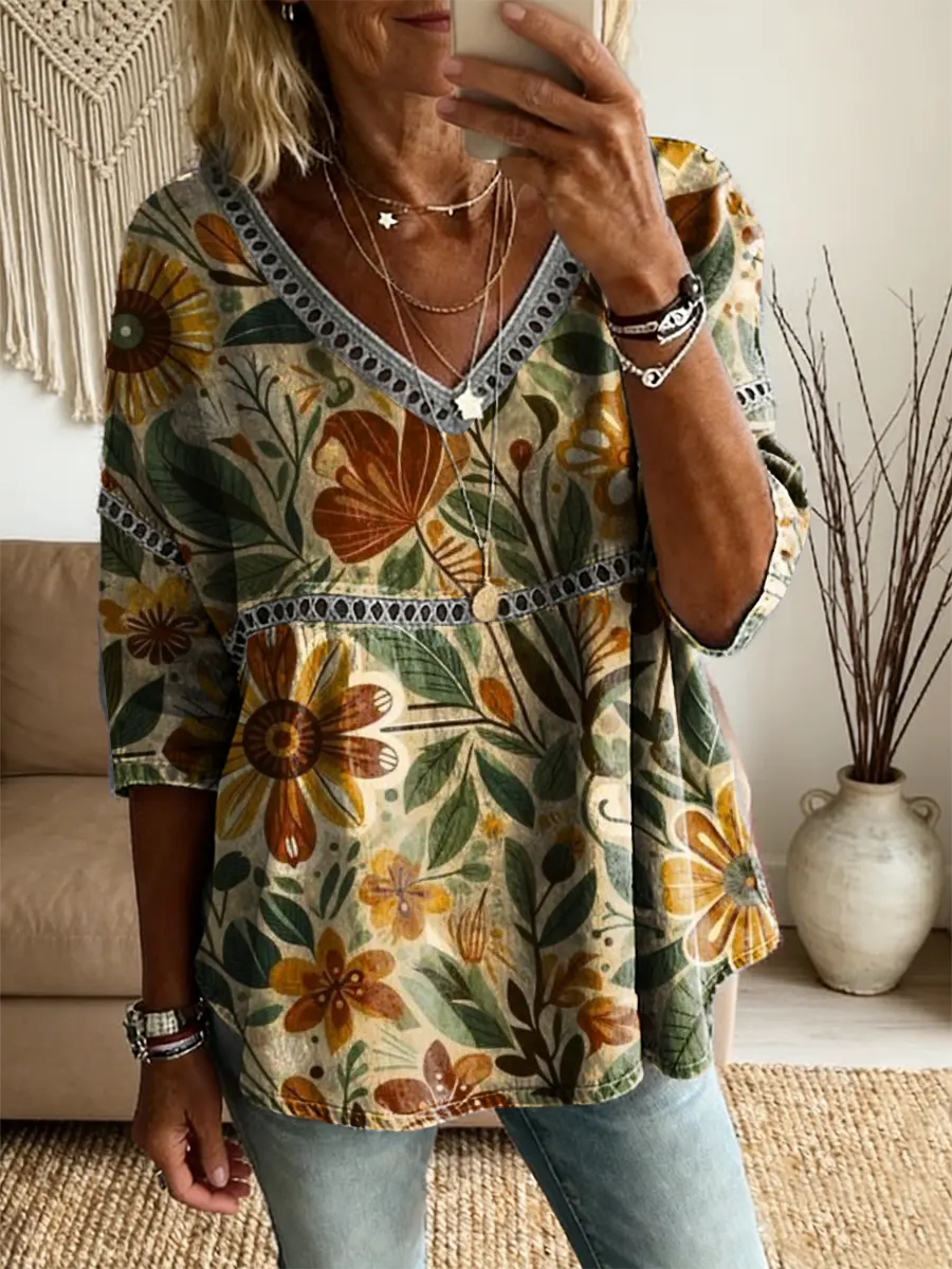 Ethnicity Bohemia Flowers Women's Vintage Art Print Casual V Neck Cutout Top
