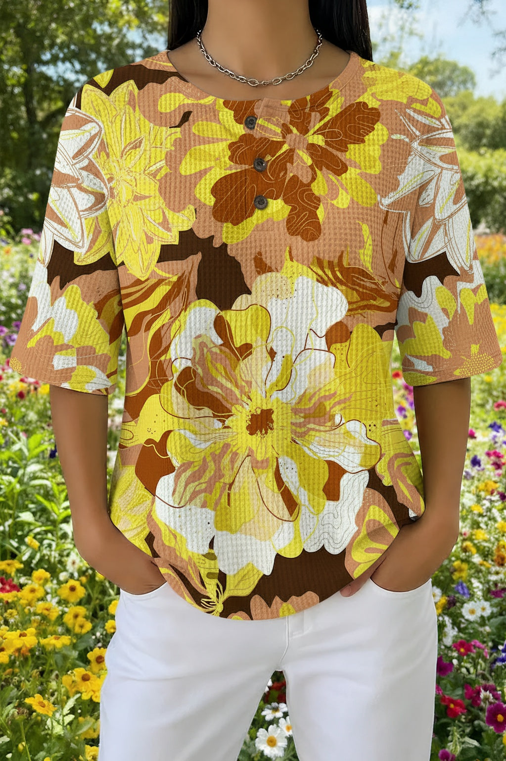 Womens Golden Sunflower Print Casual Waffle Cotton Shirt