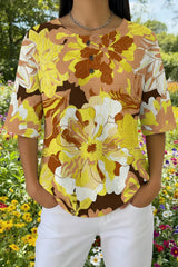 Womens Golden Sunflower Print Casual Waffle Cotton Shirt