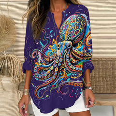 Vintage Rainbow Octopus Art Print V Neck Long Sleeve Blouse